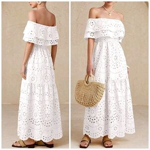 New Boho Eyelet Lace Layered Off Shoulder Maxi Dress White